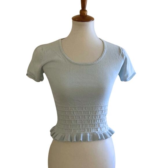 Vintage tfred Smocked Knit crop top with Lettuce Hem – Pale Blue Y2K  Top - Picture 6 of 7
